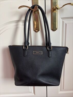 DKNY Black Saffiano Leather Zip-Top Tote with Gold Accents